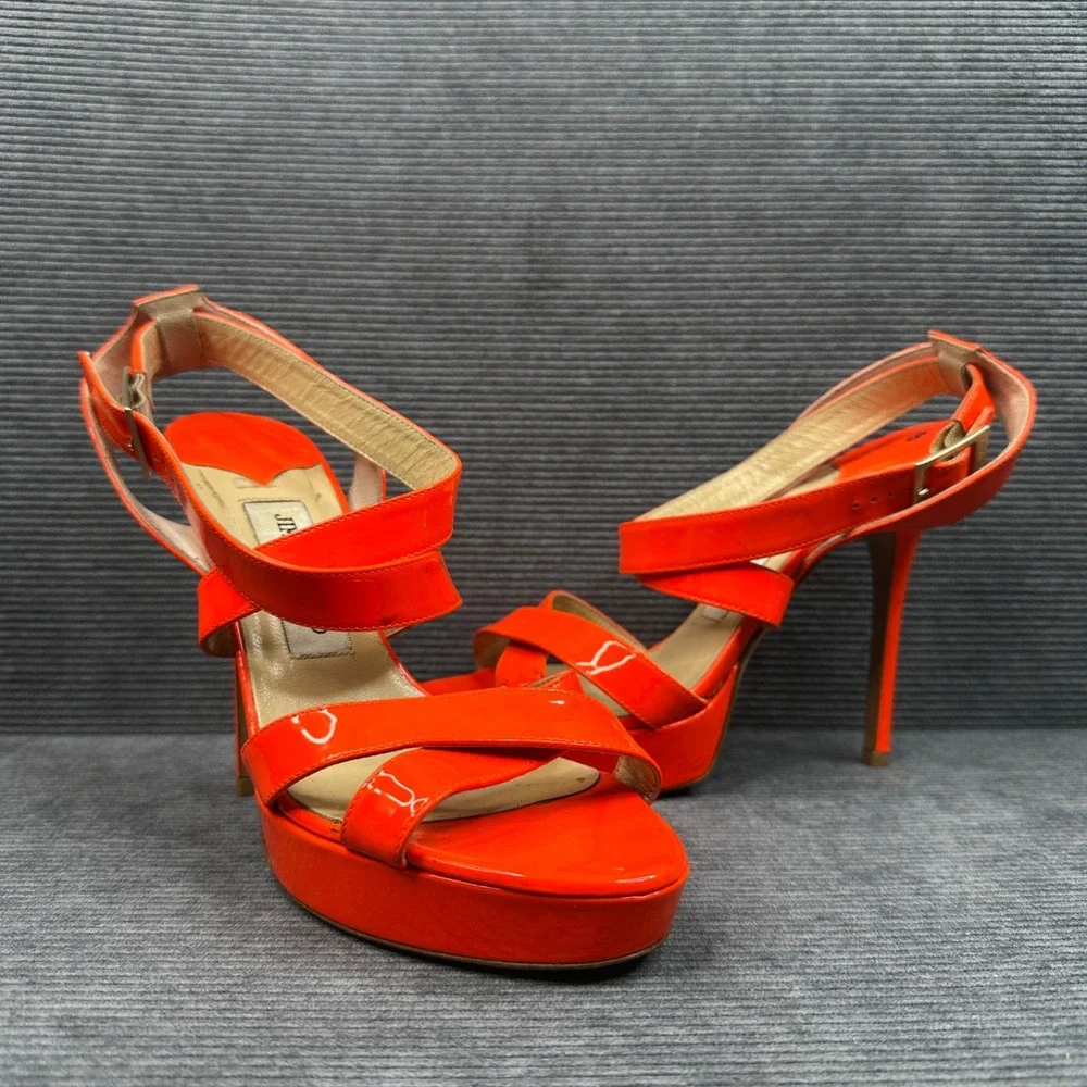 Jimmy Choo‎ Vamp Neon Orange Patent Leather Platform Sandals Stiletto Heels 38